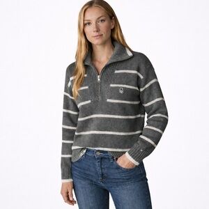 United Colors Of Benetton Grey Striped Quarter Zip Sweater Logo Pullover L